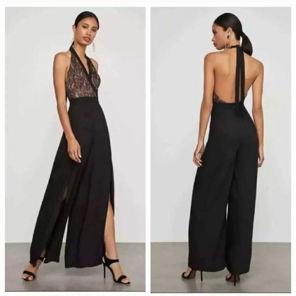 NEW BCBG MAXAZRIA Faux Wrap Lace Halter Split Hem Jumpsuit in Black Size Small - Picture 1 of 13